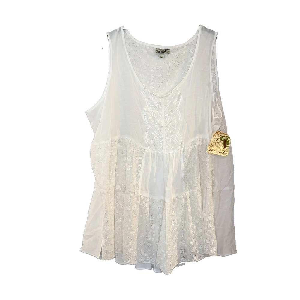 One World Crinkle Eyelet Semi Sheer Lace Patchwork Tiered Tank White Plus 2X NEW